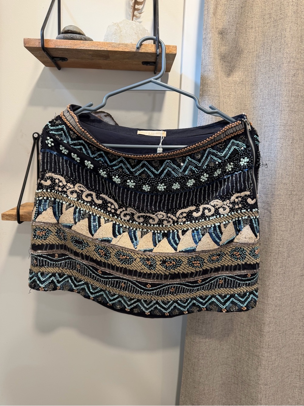 Vintage Embellished Mini Skirt in Black and Cream with Teal Accents